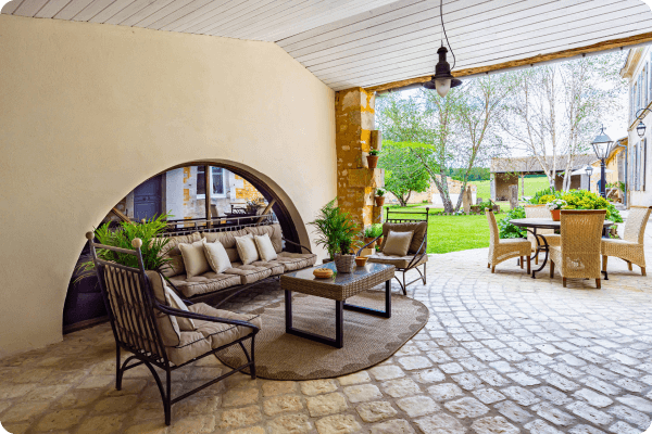 Outside kitchen overlooking a garden